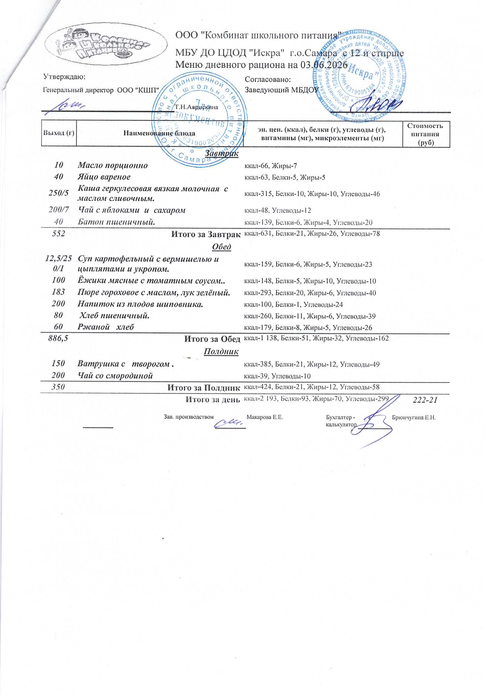 Меню на 3 июня